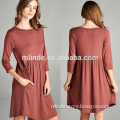 Boutique Western Women Clothing Custom Wholesale 3/4 Sleeve Plain Solid Color Blank Casual Pleated Spring Vintage Dress
